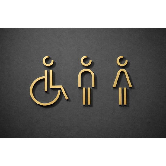 Combinatiepakket Kleedkamer of Toilet pictogrammen - Man + Vrouw + Rolstoel 3D - Divergent- Goud - hoogwaardig Acryl bord