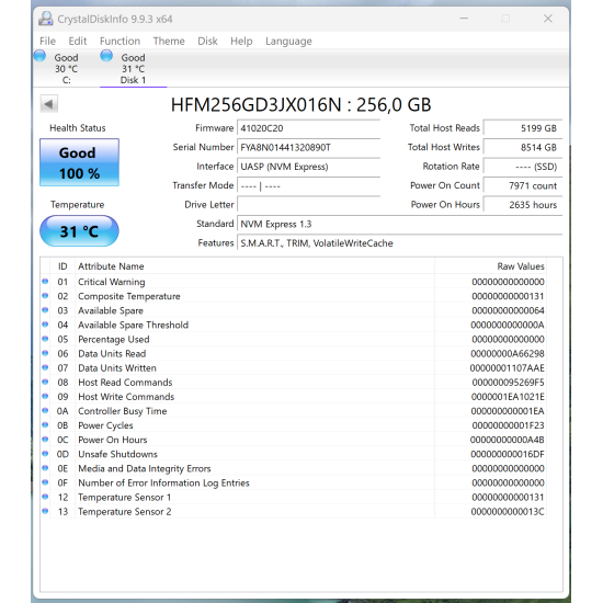 SK hynix BC711 256 GB SSD – M.2 2280 NVMe PCIe 3.0 x4