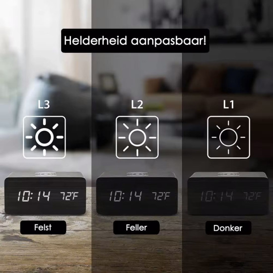 Klok modern decoratief -- houtlook - Donkerbruin - Draadloos laadstation - Thermometer - Kalender