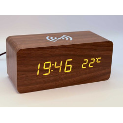 Klok modern decoratief -- houtlook - Donkerbruin - Draadloos laadstation - Thermometer - Kalender