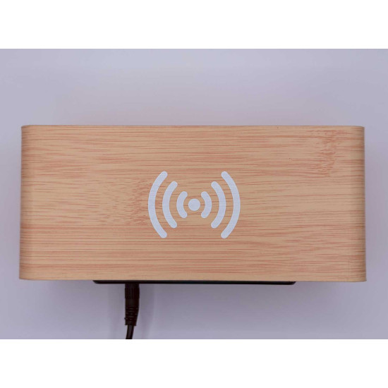 Klok modern decoratief -- houtlook - Lichtbruin - Draadloos laadstation - Thermometer - Kalender