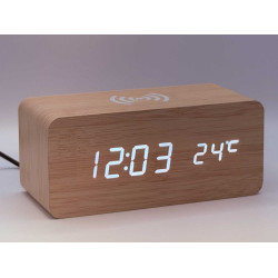 Klok modern decoratief -- houtlook - Lichtbruin - Draadloos laadstation - Thermometer - Kalender