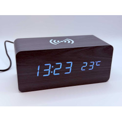 Klok modern decoratief -- houtlook - Zwart - Draadloos laadstation - Thermometer - Kalender