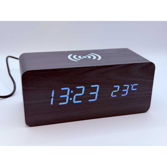Klok modern decoratief -- houtlook - Zwart - Draadloos laadstation - Thermometer - Kalender