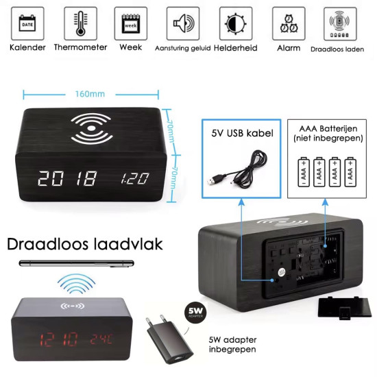 Klok modern decoratief -- houtlook - Donkerbruin - Draadloos laadstation - Thermometer - Kalender
