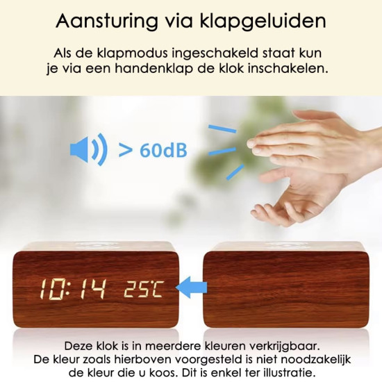 Klok modern decoratief -- houtlook - Donkerbruin - Draadloos laadstation - Thermometer - Kalender